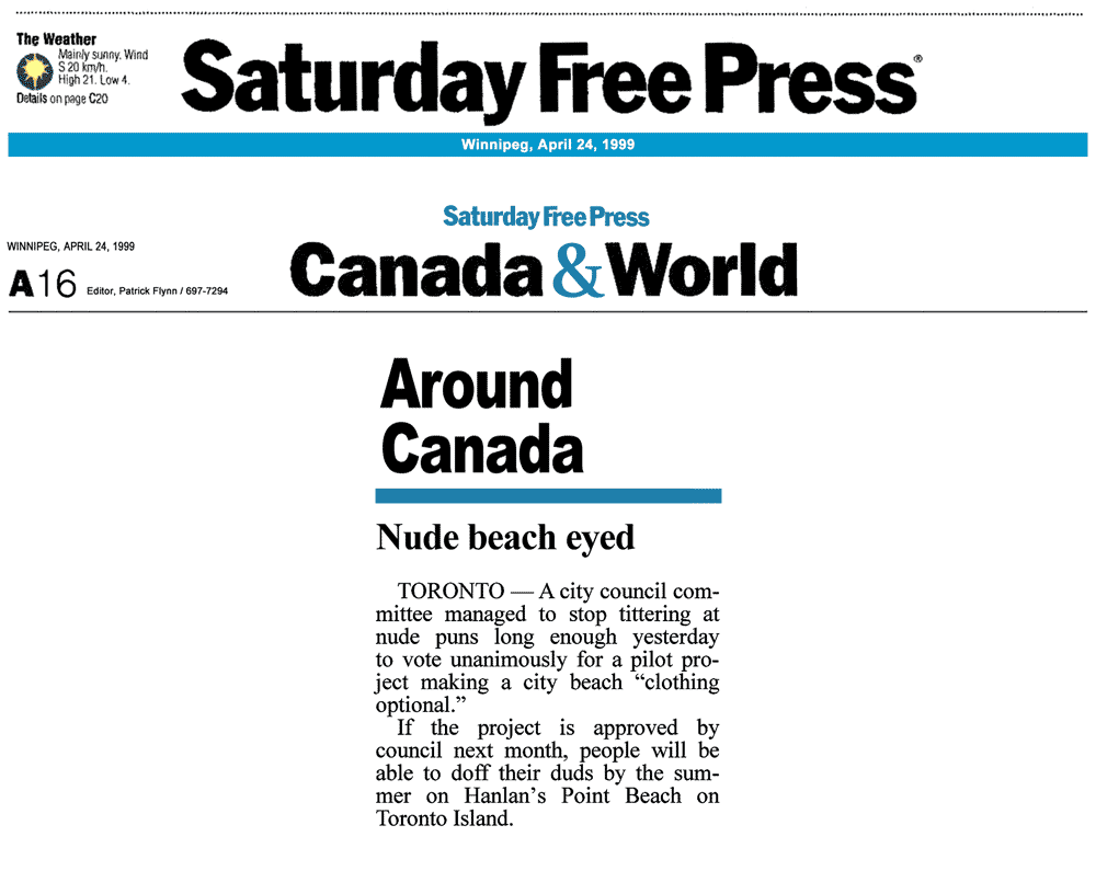 Winnipeg Free Press 1999-04-24 - Committee OKs Hanlan's Point CO-zone